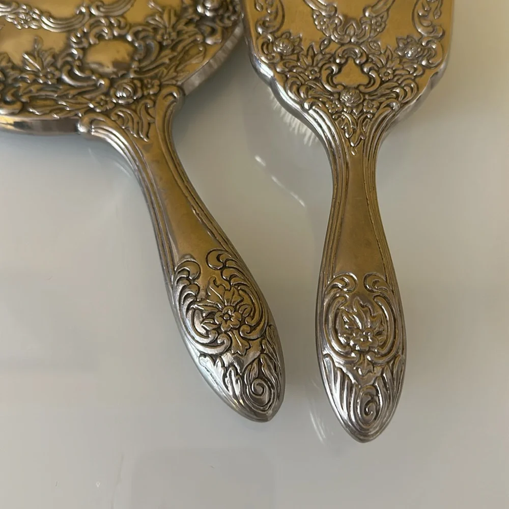 Vanity Hand Held Mirror and Brush Set Ornate Victorian Silverplate